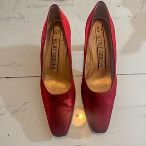 Kurt Geiger Red Shimmer Square Toe Block Heel Pumps Metallic Holiday Party 9.5